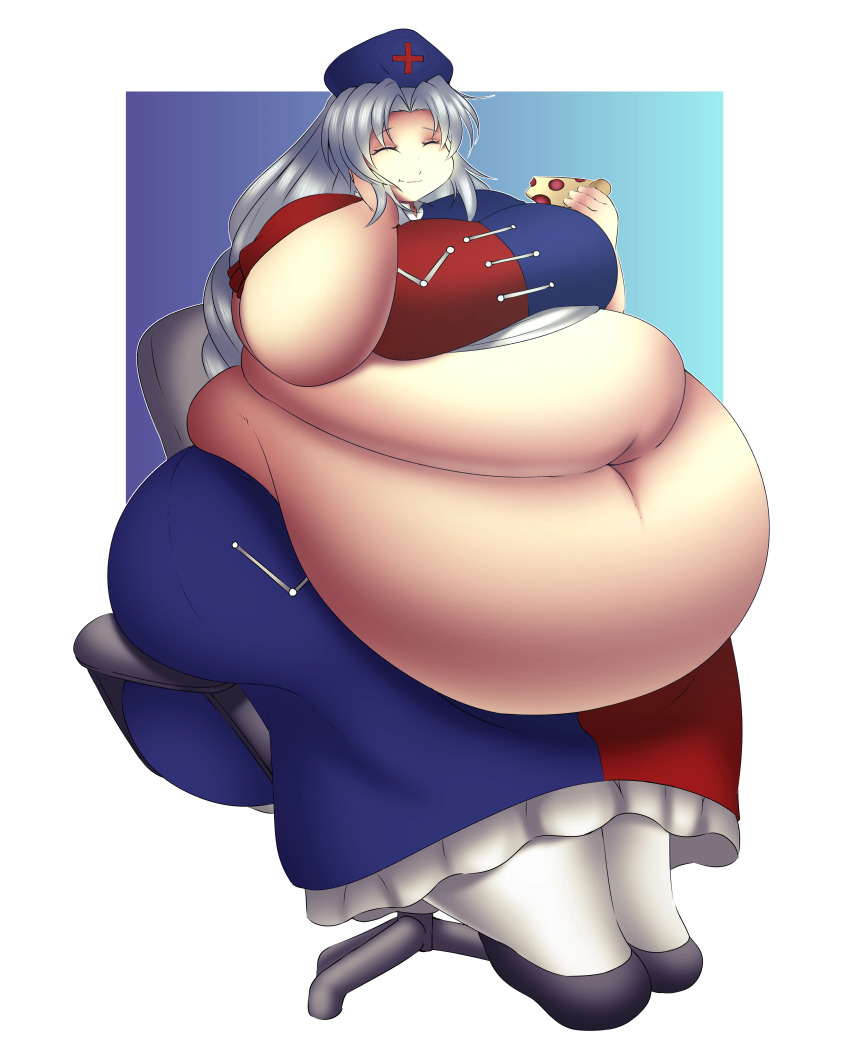 1girl absurdres blue_dress breasts chair dress fat fat_woman food hat highres large_breasts long_hair nurse nurse_cap obese red_dress solo touhou white_hair yagokoro_eirin