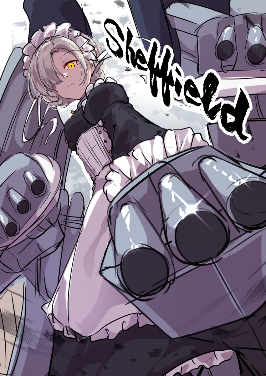 1girl absurdres apron azur_lane blonde_hair braid character_name closed_mouth dress expressionless hair_over_one_eye highres juliet_sleeves long_dress long_sleeves maid maid_apron maid_headdress orange_eyes oriue_wato puffy_sleeves rigging sheffield_(azur_lane) ship_turret sketch solo