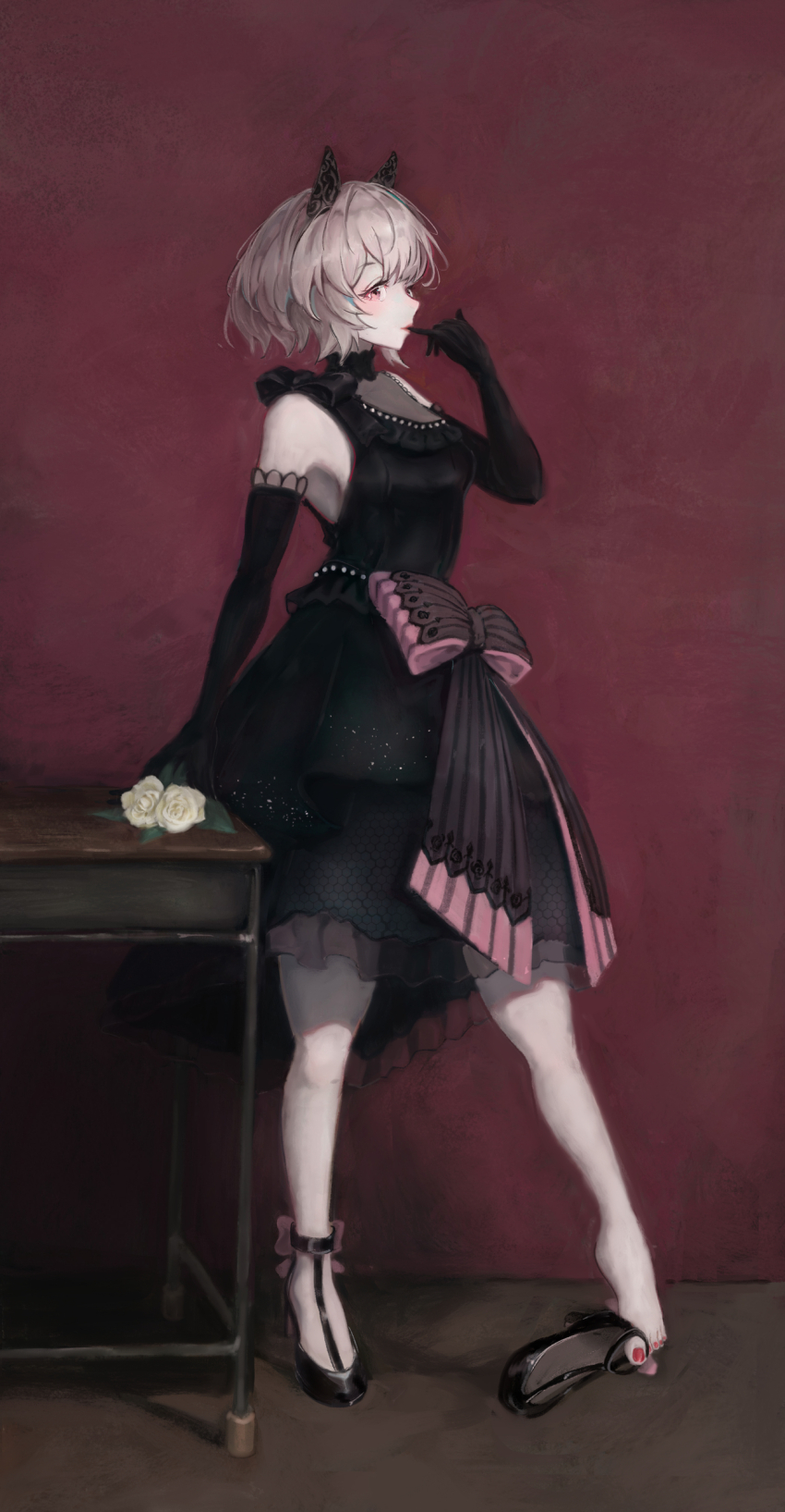 1girl absurdres animal_ears armpits black_dress black_gloves black_shoes bow breasts commentary_request curren_chan_(sakutsuki_ma_cherie)_(umamusume) curren_chan_(umamusume) dress ear_covers elbow_gloves flower full_body gloves grey_hair high_heels highres horse_ears horse_girl medium_breasts nail_polish official_alternate_costume pink_bow purple_eyes red_background red_nails rose shoes short_hair simple_background solo suke_omi table toenail_polish toenails umamusume white_flower white_rose