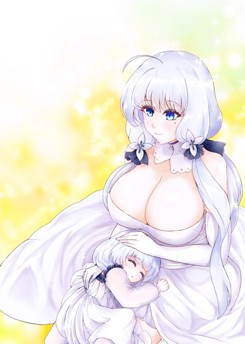 2girls absurdres azur_lane bare_shoulders black_ribbon blue_eyes breasts cleavage detached_collar dress elbow_gloves gloves hair_ribbon hand_on_another&#039;s_head highres huge_breasts illustrious_(azur_lane) lap_pillow little_illustrious_(azur_lane) long_dress long_hair mother_and_daughter multiple_girls ribbon sleeping strapless strapless_dress very_long_hair white_dress white_gloves white_hair yuuutsu!!!