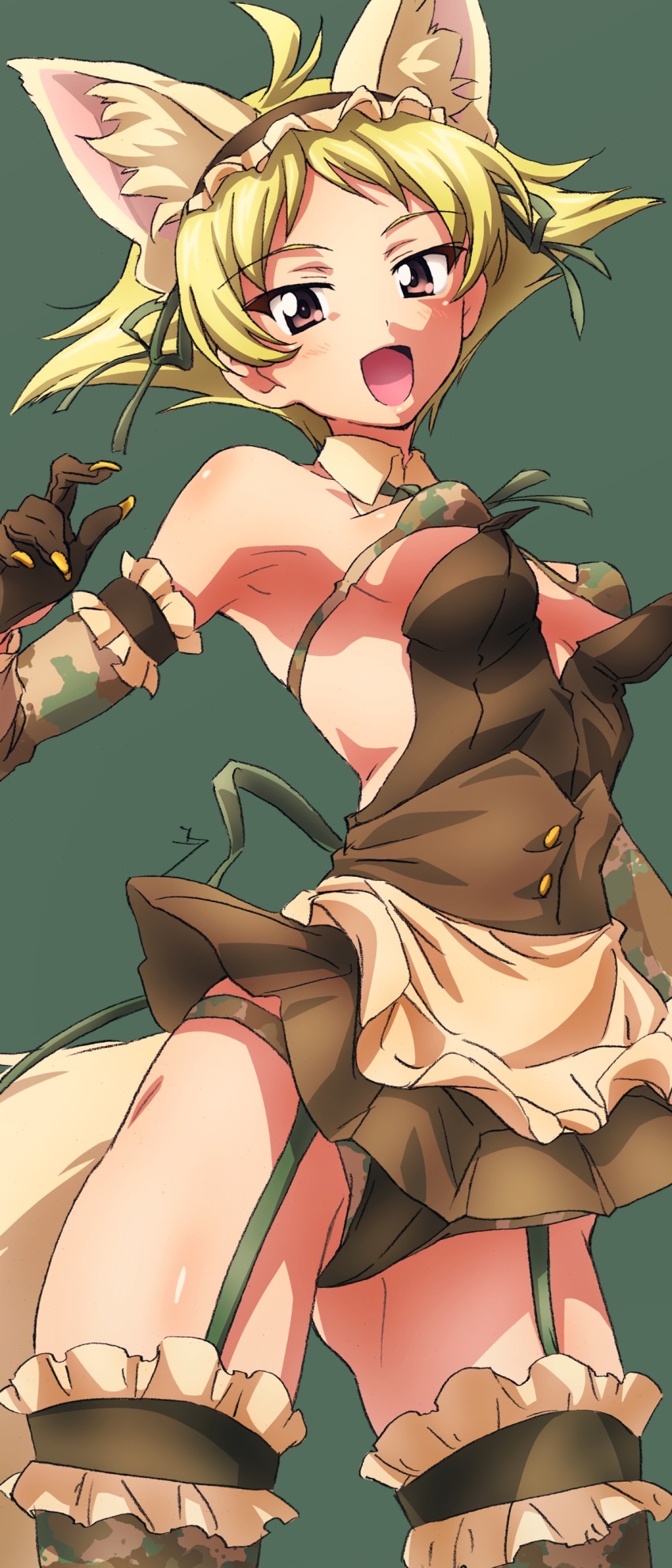 1girl absurdres ahoge animal_ears apron bikini blonde_hair blush breasts brown_eyes camouflage camouflage_bikini crotch elbow_gloves erakin erwin_(girls_und_panzer) fake_animal_ears fake_tail fox_ears fox_tail garter_straps girls_und_panzer gloves green_background highres leotard looking_at_viewer maid_apron open_mouth playboy_bunny short_hair simple_background small_breasts smile solo swimsuit tail thighhighs