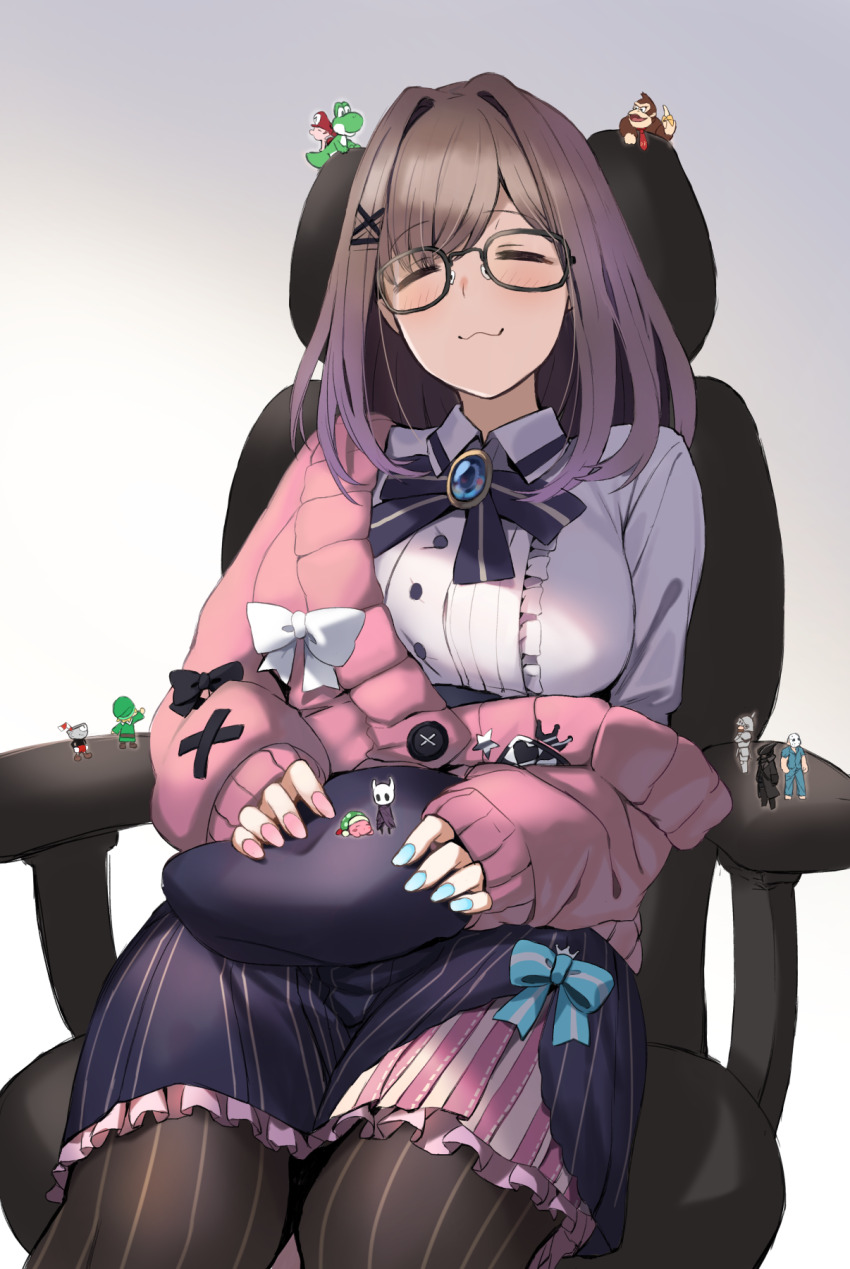 1girl :3 baby_mario beret black-framed_eyewear bloodborne blue_bow blue_nails blush bow brooch brown_hair buttons cardigan chair closed_eyes cowboy_shot crossover cuphead cuphead_(game) donkey_kong donkey_kong_(series) facing_viewer gaming_chair ganesagi glasses hat hat_bow highres hollow_knight hunter_(bloodborne) indoors jewelry kirby kirby_(series) kirby_super_star knight_(hollow_knight) link long_sleeves makaimura mario mario_(series) medium_hair morning multiple_crossover nail_polish nijisanji nintendo off_shoulder office_chair pantyhose pink_cardigan pink_nails purple_skirt rick_(splatterhouse) shirt simple_background sir_arthur_(makaimura) sitting skirt splatterhouse striped_clothes striped_pantyhose striped_skirt super_mario_world_2:_yoshi&#039;s_island suzuhara_lulu suzuhara_lulu_(1st_costume) swivel_chair the_legend_of_zelda the_legend_of_zelda:_link&#039;s_awakening unworn_headwear vertical-striped_clothes vertical-striped_pantyhose vertical-striped_skirt virtual_youtuber white_shirt yoshi
