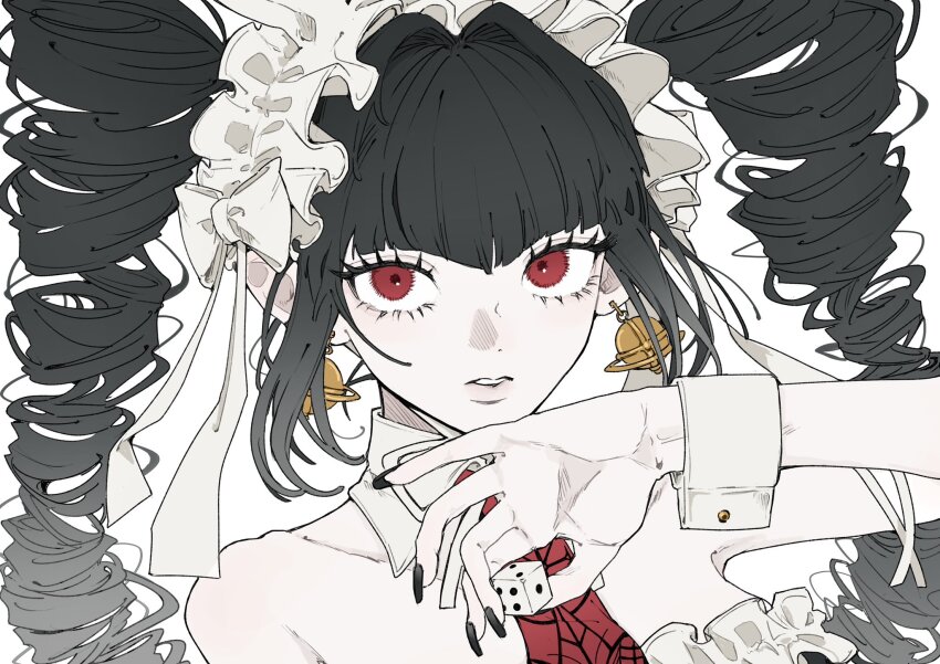 1girl bare_shoulders black_hair celestia_ludenberg collarbone danganronpa:_trigger_happy_havoc danganronpa_(series) dice drill_hair flat_color highres holding holding_dice long_hair maid_headdress ribbon seailand solo teeth upper_body white_ribbon