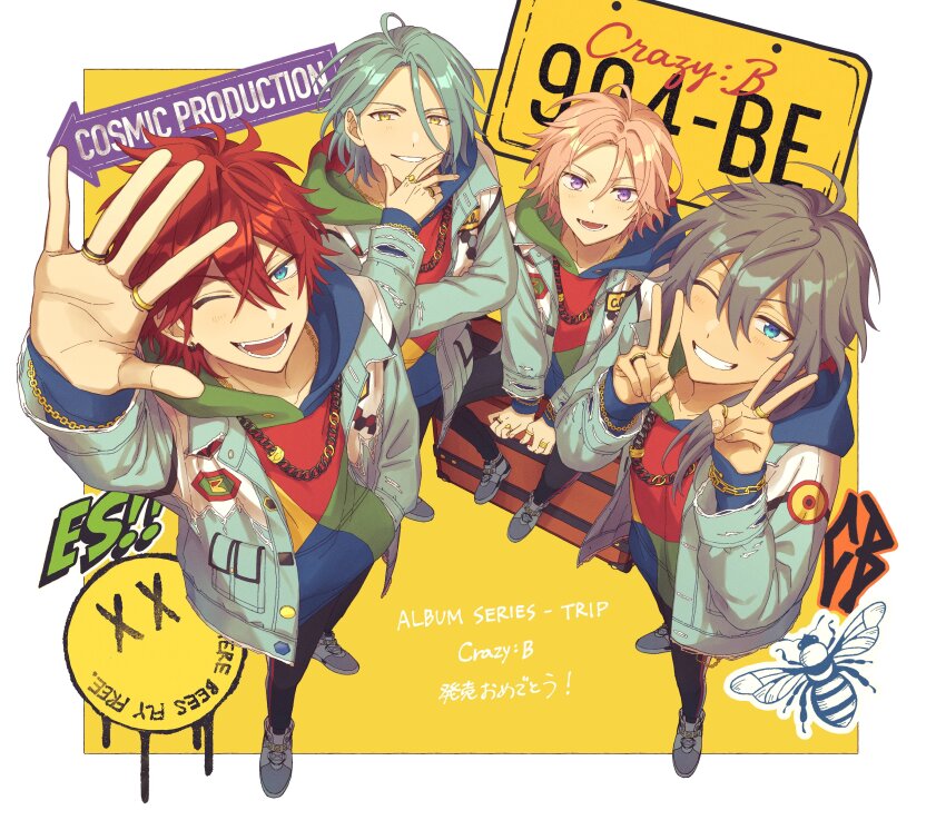 4boys absurdres amagi_rinne arm_up bee blue_eyes blue_hair bracelet bug commentary_request crazy_b_(ensemble_stars!) double_v ensemble_stars! fingernails full_body g0hanpanmen grey_hair hair_between_eyes hair_over_shoulder hands_up highres himeru_(ensemble_stars!) hood hood_down hoodie insect jacket jewelry long_hair long_sleeves looking_at_viewer lower_teeth_only male_focus multicolored_hoodie multiple_boys necklace one_eye_closed open_clothes open_jacket open_mouth oukawa_kohaku outstretched_arm outstretched_hand pink_hair purple_eyes red_hair ring shiina_niki short_hair sitting smile standing teeth translation_request v yellow_eyes