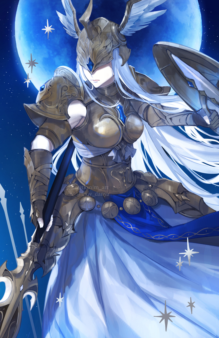 1girl absurdres armor blue_moon boobplate breastplate covered_eyes final_fantasy final_fantasy_xiv fingerless_gloves gloves gold_armor halone helmet helmet_over_eyes highres holding holding_polearm holding_shield holding_weapon long_hair long_skirt moon pauldrons polearm serious shield shoulder_armor sidelocks skirt solo star_(sky) tk_(tksnim) twitter_username weapon white_hair white_skirt winged_helmet