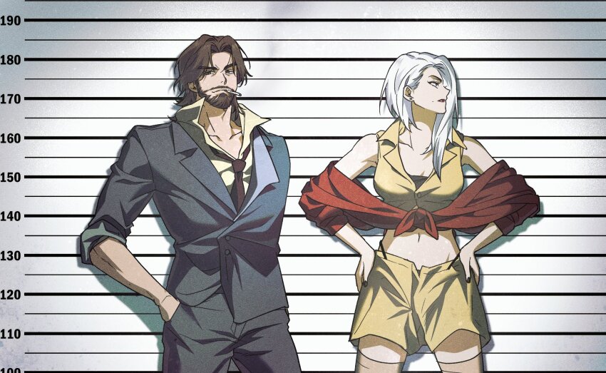 1boy 1girl alternate_costume ashe_(overwatch) beard black_nails brown_hair cassidy_(overwatch) cosplay cowboy_bebop earrings facial_hair faye_valentine faye_valentine_(cosplay) formal_clothes hand_in_pocket hand_on_own_hip highres jewelry korean_commentary looking_at_viewer medium_hair mugshot navel necktie overwatch overwatch_1 overwatch_2 pants parted_bangs short_hair simple_background smirk smoke smoking spike_spiegel spike_spiegel_(cosplay) tobacco trashmansry yellow_pants
