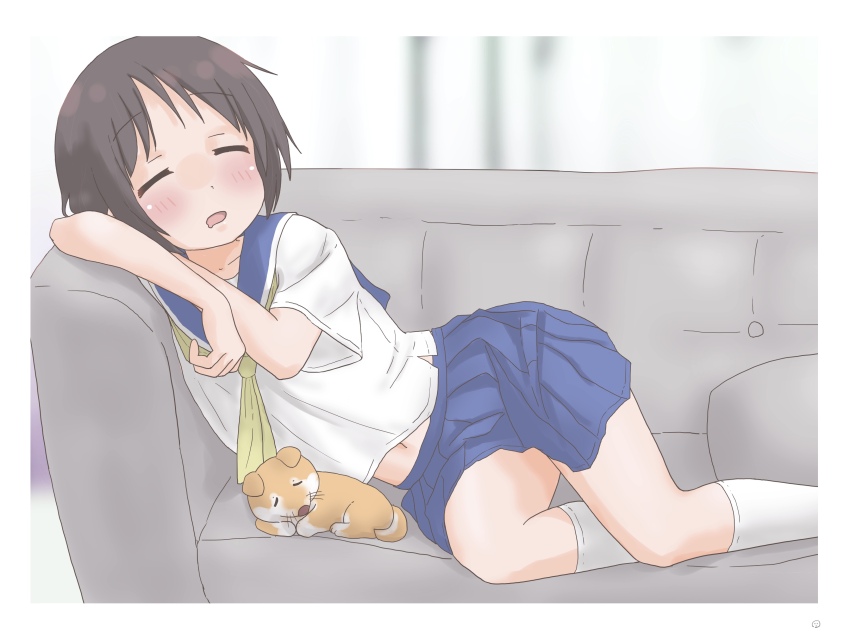 1girl absurdres black_hair blue_skirt blush brown_hair closed_eyes couch dog hasegawa_fumi highres indoors lying midriff navel neckerchief nesoberi on_side open_mouth pleated_skirt sailor_collar school_uniform serafuku shirt short_hair short_sleeves skirt sleeping socks solo ucchii_(yukkuri34p) white_socks yellow_neckerchief yuyushiki yuyushiki&#039;s_school_uniform