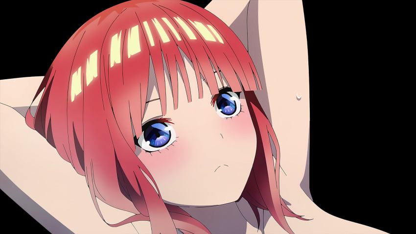 1girl arms_behind_head bare_arms black_background blue_eyes blunt_bangs blush breasts closed_mouth go-toubun_no_hanayome highres karadynn1 looking_up nakano_nino pink_hair short_hair solo wet