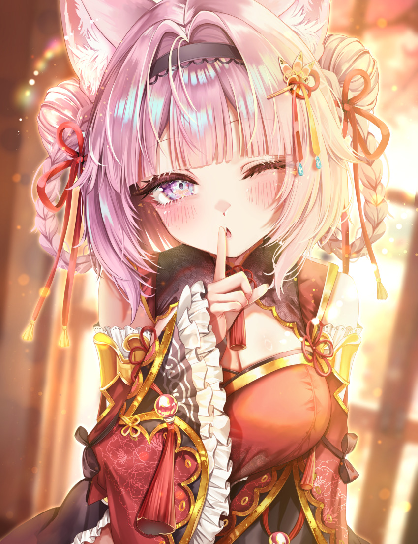 1girl absurdres animal_ears black_hairband blue_eyes blurry blurry_background blush braid braided_hair_rings breasts cleavage detached_sleeves double_bun dress fang finger_to_mouth frilled_sleeves frills gradient_eyes hair_bun hair_intakes hair_ornament hair_ribbon hair_rings hair_stick hairband hakui_koyori hakui_koyori_(6th_costume) highres hololive iam_ciikawa index_finger_raised large_breasts long_hair long_sleeves looking_at_viewer multicolored_eyes one_eye_closed open_mouth pink_eyes pink_hair purple_eyes red_dress red_ribbon red_sleeves ribbon shushing skin_fang solo tassel twilight virtual_youtuber wolf_ears wolf_girl