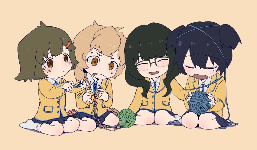 black_hair black_rock_shooter blonde_hair blue_skirt brown_eyes brown_hair friends glasses highres izuriha_kagari koutari_yuu kuroi_mato medium_hair multiple_girls orange_eyes school_uniform short_hair short_twintails skirt takanashi_yomi twintails wool you92