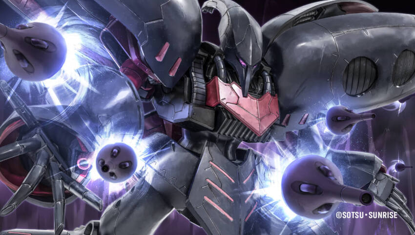 battle beam_cannon cable funnels_(gundam) gundam gundam_battle_operation_2 gundam_zz machinery mecha mecha_focus mobile_suit neo_zeon official_art one-eyed painting_(medium) qubeley_mk_ii realistic robot scan science_fiction sunrise_(company) tenjin_hidetaka thrusters traditional_media