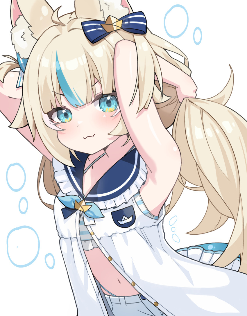 1girl adjusting_hair ahoge animal_ear_fluff animal_ears arms_up bikini bikini_under_shorts blonde_hair blue_bikini blue_eyes blue_hair blush breasts cat_ears dress fang fins fish_girl fish_tail highres hururu_(vldptmxk1054) indie_virtual_youtuber long_hair looking_at_viewer low_twintails multicolored_hair one_side_up sameko_saba short_shorts shorts skin_fang sleeveless sleeveless_dress small_breasts smile solo streaked_hair swimsuit tail twintails very_long_hair virtual_youtuber white_dress white_shorts