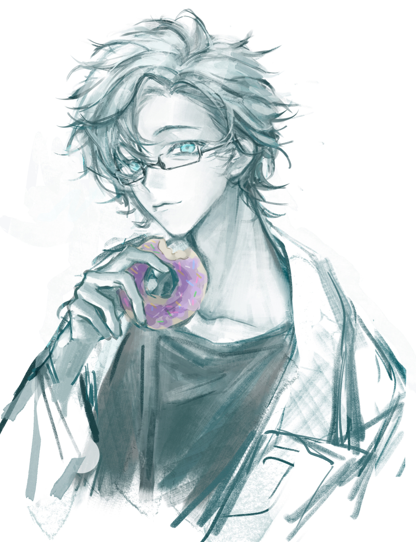 1boy absurdres blue_eyes caocaohuayuan chinese_commentary closed_mouth collarbone commentary_request cropped_torso donut food glasses highres holding holding_food jacket kanou_aogu long_sleeves male_focus monochrome open_clothes open_jacket saibou_shinkyoku semi-rimless_eyewear short_hair simple_background solo spot_color variant_set white_background