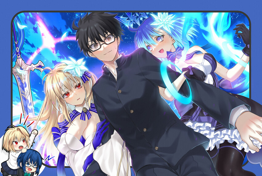 1boy 4girls absurdres annoyed archetype_earth arcueid_brunestud arm_hug bare_shoulders black_eyes black_jacket black_pants blonde_hair blue_eyes blue_hair blush breasts c.i.e.l_(fate) c.i.e.l_(first_ascension)_(fate) chibi ciel_(tsukihime) cleavage commission dainatsu double_arm_hug dress fate/grand_order fate_(series) glass highres jacket jealous large_breasts long_hair multiple_girls nervous_smile pants pimp pixiv_commission red_eyes short_hair smile tohno_shiki tsukihime white_dress