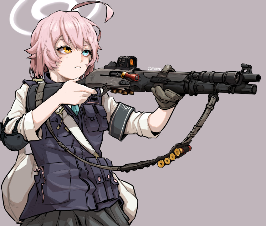 1girl absurdres antenna_hair bag beretta_1301 blue_archive blue_eyes elbow_pads epakim gloves gun heterochromia highres hoshino_(blue_archive) hoshino_(first_year)_(blue_archive) optical_sight orange_eyes pink_hair shotgun shoulder_bag single_glove sleeves_rolled_up solo vest weapon