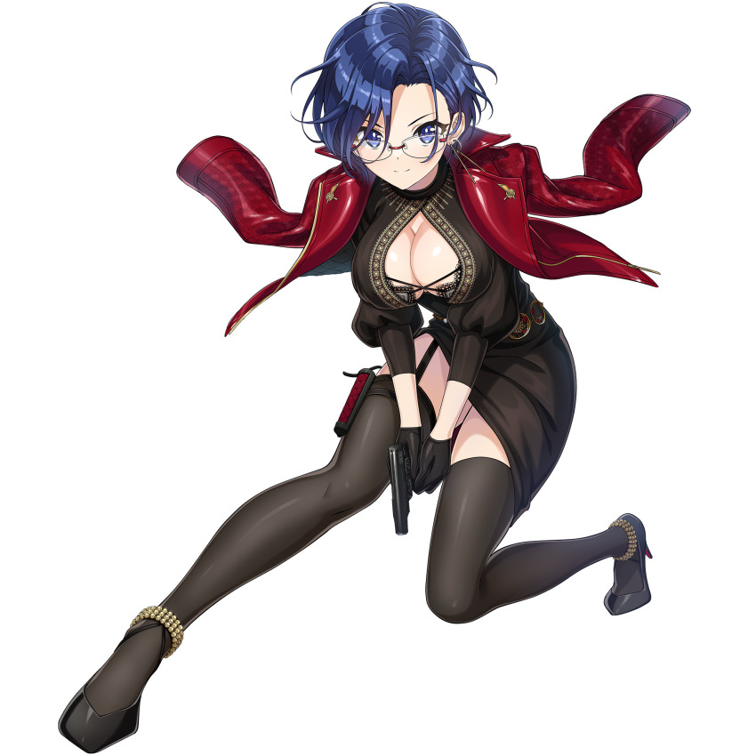 1girl anklet black_dress black_gloves black_thighhighs blue_eyes blue_hair breasts cleavage closed_mouth dolphin_wave dress game_cg garter_straps glasses gloves gun handgun high_heels highres holding holding_gun holding_weapon holster jacket jacket_on_shoulders jewelry juliet_sleeves large_breasts long_sleeves looking_at_viewer non-web_source official_alternate_costume official_alternate_hairstyle official_art ootomo_takuji puffy_sleeves red_jacket short_hair smile solo thigh_holster thighhighs tojou_michiru weapon