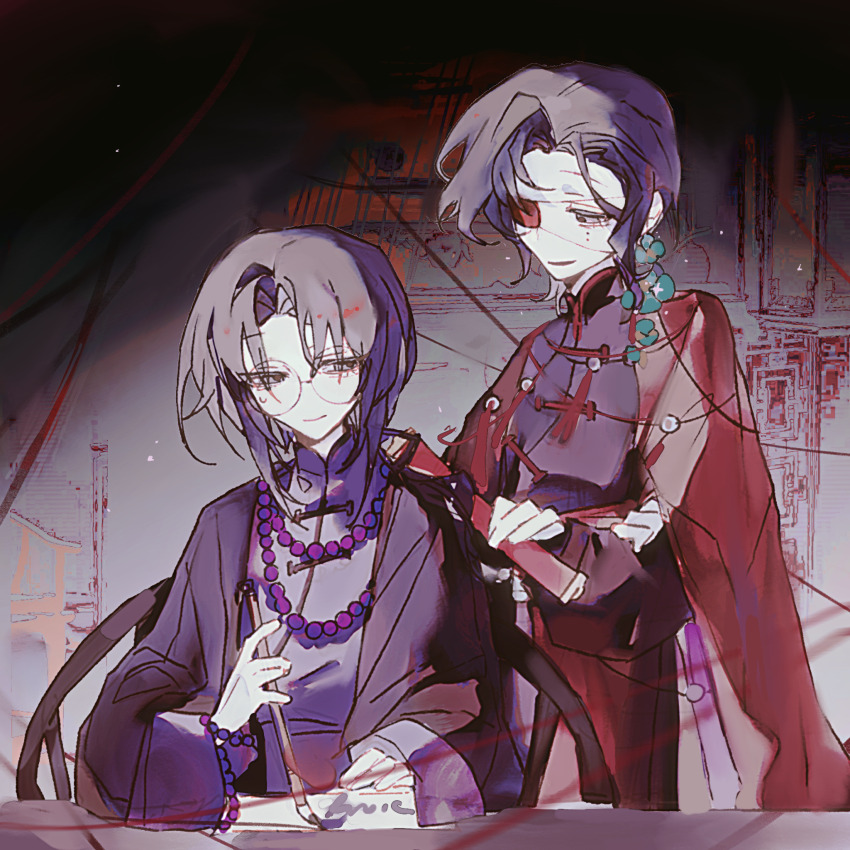 2boys artist_request bead_necklace beads black_eyes black_hair black_jacket black_shirt calligraphy_brush chinese_commentary chu_yujun closed_mouth colored_eyepatch commentary_request curtained_hair eyepatch glasses highres holding holding_calligraphy_brush holding_paintbrush huai_yunqing indoors jacket jewelry long_sleeves male_focus mole mole_under_eye multiple_boys multiple_moles necklace open_clothes open_jacket paintbrush parted_bangs parted_lips purple_shirt round_eyewear second-party_source shirt smile touqi_guaitan wide_sleeves