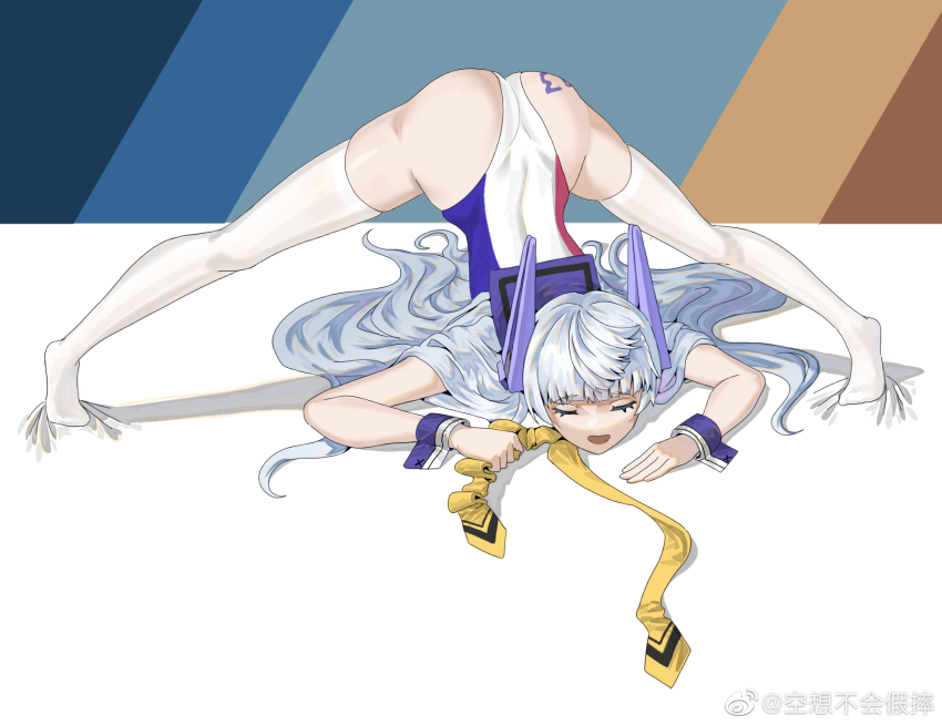 1girl 2girls bed_sheet blue_leotard closed_eyes headgear highres jack-o&#039;_challenge kneehighs le_fantasque_(warship_girls_r) le_fantasque_buhuijiashuai leotard long_hair meme multiple_girls open_mouth school_swimsuit sheet_grab socks solo swimsuit thighhighs top-down_bottom-up warship_girls_r watermark weibo_watermark white_hair white_socks white_thighhighs wrist_cuffs