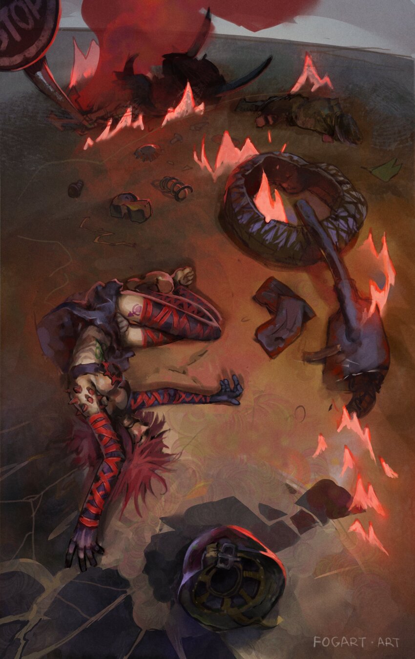 absurdres bra car_crash chaos_(warhammer) closed_eyes cultist-chan fire fogartart helmet highres motor_vehicle motorcycle nurgle_(symbol) on_ground panties red_hair road_sign sign slaanesh_(symbol) spikes stop_sign thighhighs underwear warhammer_40k