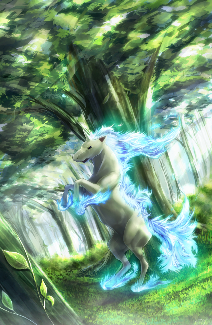 alternate_color artist_name blue_fire dated fire forest gen_1_pokemon grass highres lens_flare light_rays nature nintendo no_humans plant pokemon pokemon_(creature) rapidash shiny_pokemon tree vines yuitsuki1206