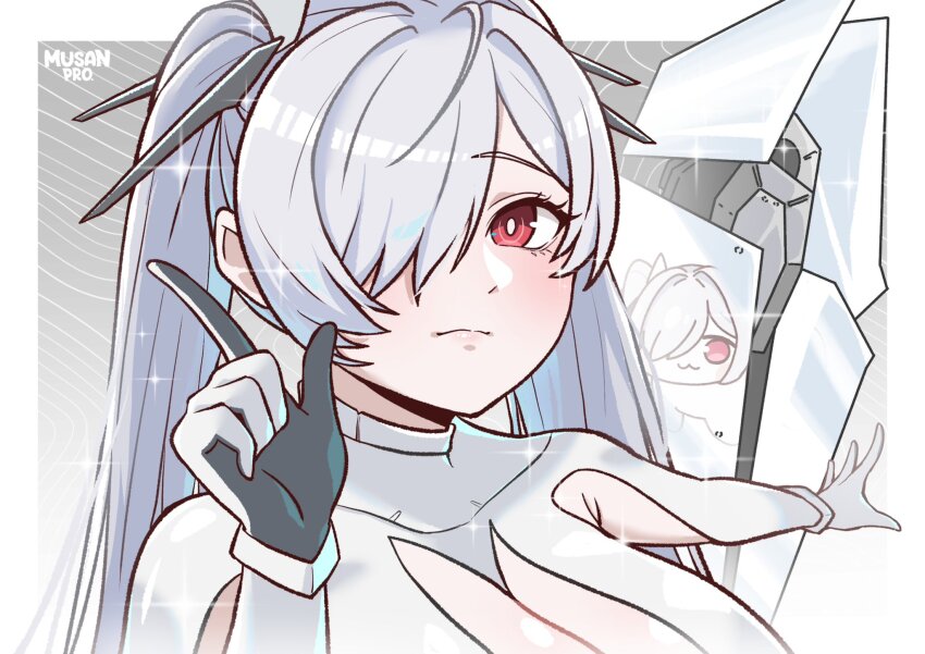 1girl armpit_cutout blush bodysuit breasts cinderella_(nikke) cleavage cleavage_cutout clothing_cutout doro_(nikke) gloves goddess_of_victory:_nikke hair_over_one_eye highres hoshino_ruby_dance large_breasts long_hair looking_at_viewer musan_pro one_eye_covered red_eyes see-through_bodysuit see-through_clothes see-through_skirt shiny_eyes skirt smile solo twintails very_long_hair white_bodysuit white_hair