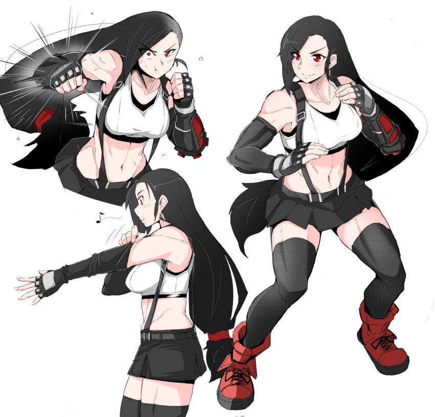 1girl black_gloves black_hair black_skirt black_thighhighs boots collarbone earrings elbow_pads final_fantasy final_fantasy_vii fingerless_gloves gloves jewelry long_hair low-tied_long_hair md5_mismatch midriff multiple_views musical_note nexas red_eyes red_footwear resolution_mismatch shirt simple_background skirt source_smaller spoken_musical_note square_enix suspender_skirt suspenders sweat tank_top taut_clothes taut_shirt thighhighs tifa_lockhart white_background white_tank_top