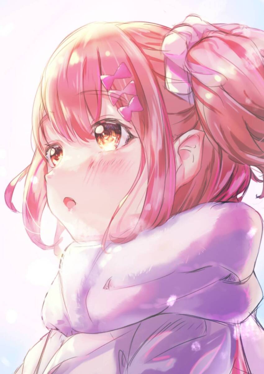 1girl 22/7 alternate_costume antaaku bow breath brown_eyes brown_hair coat enpera hair_bow hair_ornament hair_scrunchie highres long_hair open_mouth pink_background pink_bow pink_scrunchie portrait scarf scrunchie sera_honoka solo two_side_up white_coat white_scarf winter