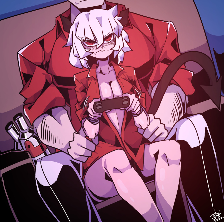 1boy 1girl alcohol arms_around_waist black_horns blouse bottle bottomless breasts cleavage commentary_request controller couch demon_girl demon_horns face_cutout game_controller genman height_difference helltaker helltaker_(character) highres horns korean_commentary malina_(helltaker) no_pants open_clothes open_shirt pants red_eyes red_shirt shirt sitting vodka wavy_mouth white_hair white_pants