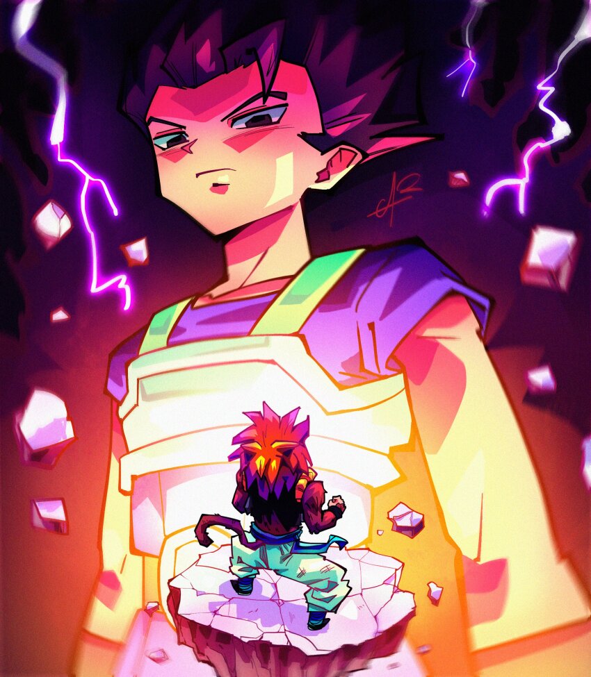 2boys absurdres alpharecdyt baggy_pants belt black_eyes black_footwear black_hair black_vest blue_sash blue_shirt brown_belt brown_tail cabba clenched_hand closed_mouth commentary crack cracked_floor debris dragon_ball dragon_ball:_sparking! dragon_ball_gt dragon_ball_super english_commentary facing_back full_body gogeta gradient_background highres in-franchise_crossover lightning long_hair looking_at_another looking_down male_focus metamoran_vest monkey_tail multiple_boys orange_background pants partially_shaded_face purple_background purple_lightning red_hair saiyan_armor sash shadow shirt short_hair short_sleeves signature sleeveless spiked_hair super_saiyan super_saiyan_4 tail upper_body vest white_pants