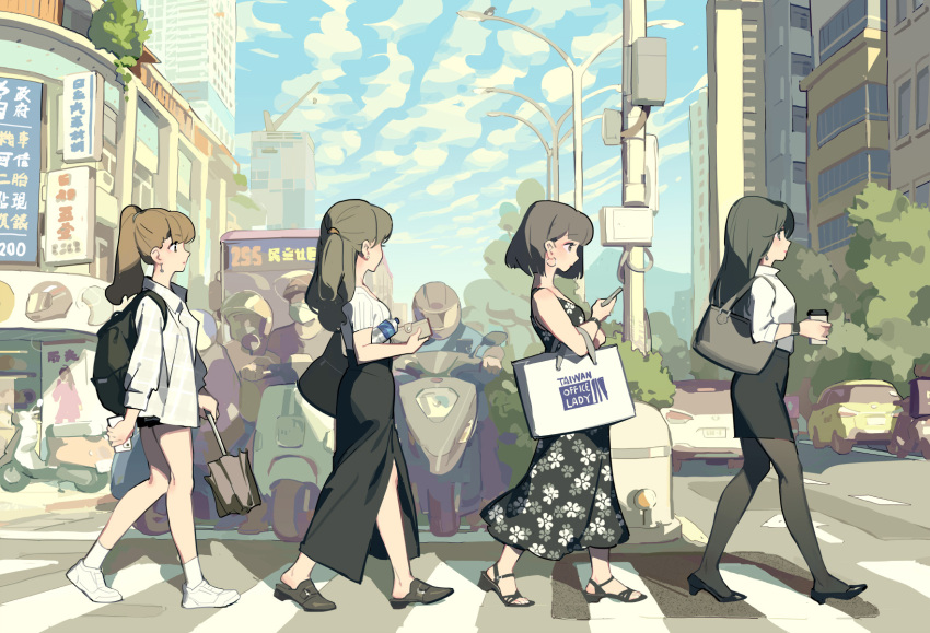 4girls abbey_road anklet backpack bag black_dress black_eyes black_footwear black_hair black_pantyhose black_skirt bottle brown_hair bus car cellphone city clutch_purse collared_shirt commentary_request crosswalk cup day disposable_coffee_cup disposable_cup dress earrings floral_print floral_print_dress from_side handbag highres holding holding_bottle holding_cup holding_phone holding_umbrella holding_wallet jewelry long_hair looking_ahead looking_at_phone looking_to_the_side motor_vehicle motorcycle multiple_girls office_lady office_lady_taiwan original outdoors pantyhose phone ponytail print_dress road shirt shoes short_hair shoulder_bag skirt smartphone sneakers socks street tennohi the_beatles umbrella utility_pole walking wallet water_bottle white_footwear white_shirt white_socks