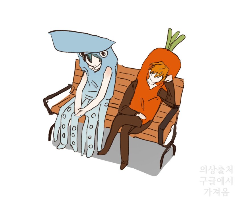 2boys animal_costume aoyagi_touya blue_hair carrot_costume costume crossed_legs expressionless food_costume goguma_wagamja highres korean_text male_focus multiple_boys no_eyes on_bench orange_hair project_sekai shinonome_akito short_hair sitting sketch squid_costume very_short_hair white_background