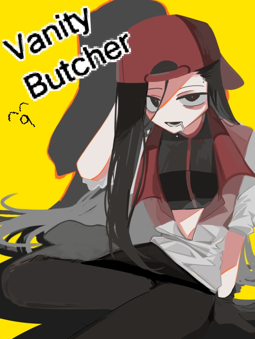 1girl aixin25561 arm_behind_head backwards_hat baseball_cap black_eyes black_gloves black_hair black_pants butcher_vanity_(synthesizer_v) chinese_commentary crop_top drooling gloves hand_on_ground hat highres looking_at_viewer pants red_hat red_trim sanpaku shaded_face song_name synthesizer_v yellow_background yi_xi_(synthesizer_v)