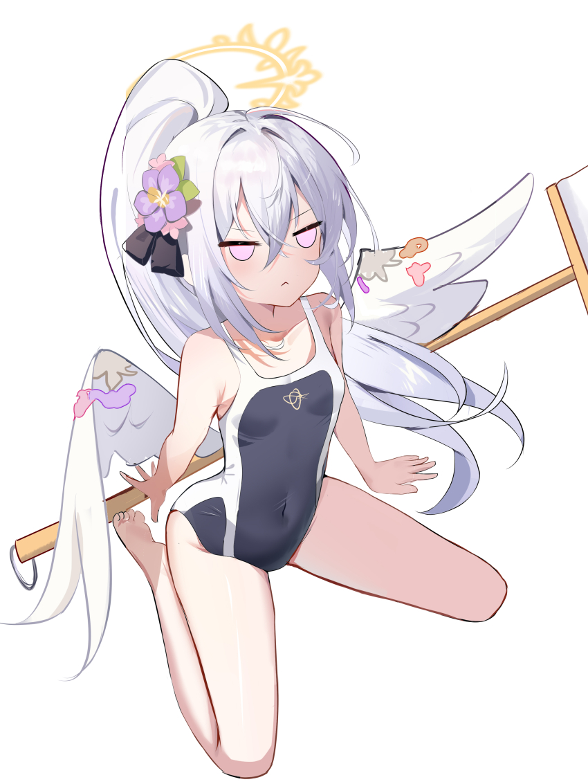 1girl :&lt; absurdres alternate_costume amamiyayk angel_wings arms_at_sides azusa_(blue_archive) bare_arms bare_legs bare_shoulders barefoot black_bow black_one-piece_swimsuit blue_archive blush bow breasts collarbone commentary competition_swimsuit covered_navel crossed_bangs dutch_angle flower frown hair_between_eyes hair_bow hair_flower hair_ornament halo highres holding holding_mop jitome leaf_hair_ornament long_hair looking_at_viewer mop one-piece_swimsuit pink_flower ponytail purple_eyes purple_flower shiny_skin sidelocks simple_background sitting small_breasts soles solo swimsuit thighs toes two-tone_swimsuit v-shaped_eyebrows very_long_hair wariza white_background white_hair white_wings wings yellow_halo