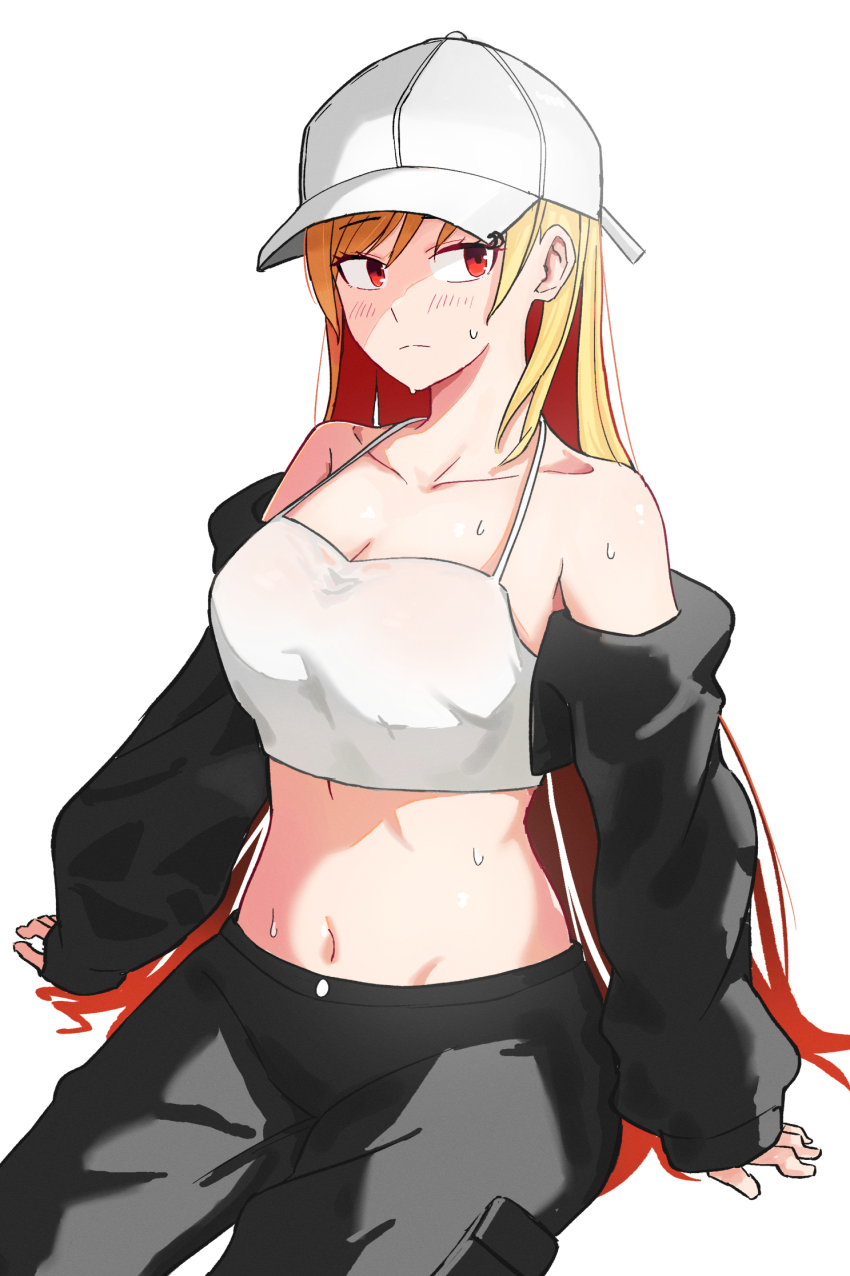 1girl a5235 bare_shoulders baseball_cap black_jacket black_pants blonde_hair breasts camisole cleavage closed_mouth colored_inner_hair cropped_jacket halterneck hat highres jacket jingburger long_hair long_sleeves looking_at_viewer medium_breasts midriff multicolored_hair navel off_shoulder open_clothes open_jacket pants red_eyes red_hair simple_background sitting sleeves_past_wrists solo stomach sweat very_long_hair virtual_youtuber waktaverse white_background white_camisole white_hat
