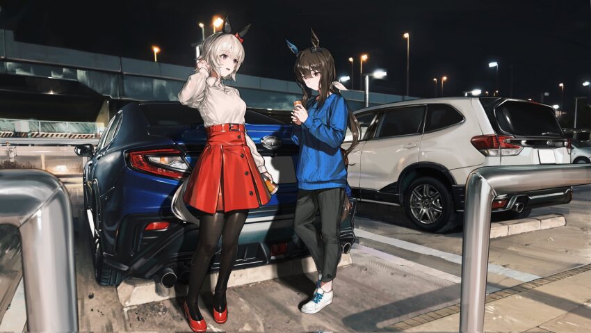 2girls admire_vega_(umamusume) animal_ears asama_(drift_in) black_pants black_pantyhose blue_eyes blue_sweater bow brown_eyes brown_hair can car closed_mouth collared_shirt curren_chan_(umamusume) drink_can ear_covers ear_ribbon hair_between_eyes hair_ribbon hand_in_own_hair hand_up highres highway holding holding_can horse_ears horse_girl horse_tail lamppost leather leather_skirt long_hair long_sleeves low-tied_long_hair motor_vehicle multiple_girls night night_sky open_mouth outdoors pants pantyhose railing red_ribbon red_skirt ribbon shirt shirt_tucked_in single_ear_cover skirt sky smile sports_utility_vehicle standing sweater tail umamusume very_long_hair white_hair white_ribbon white_shirt