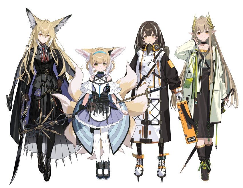 4girls absurdres animal_ears arknights arms_behind_back barefoot black_boots black_coat black_dress black_shoes blonde_hair blue_hairband boots braid braided_hair_rings brown_hair closed_umbrella coat dress feet fox_ears fox_girl fox_tail full_body gloves hair_rings hairband hand_on_own_hip hand_up highres holding holding_staff holding_umbrella holding_weapon ice_skates kitsune lab_coat laurel_crown long_hair long_sleeves looking_at_viewer magallan_(arknights) material_growth mother_and_daughter muelsyse_(arknights) multicolored_coat multicolored_hair multiple_girls multiple_tails necktie open_clothes open_coat orange_eyes oripathy_lesion_(arknights) pantyhose red_necktie rhine_lab_logo shirt shoes short_hair sigm@ simple_background skates sleeves_past_wrists smile staff standing streaked_hair suitcase suzuran_(arknights) tail thighs toes two-tone_coat two-tone_hair umbrella vulpisfoglia_(arknights) weapon white_background white_coat white_gloves white_hair white_pantyhose
