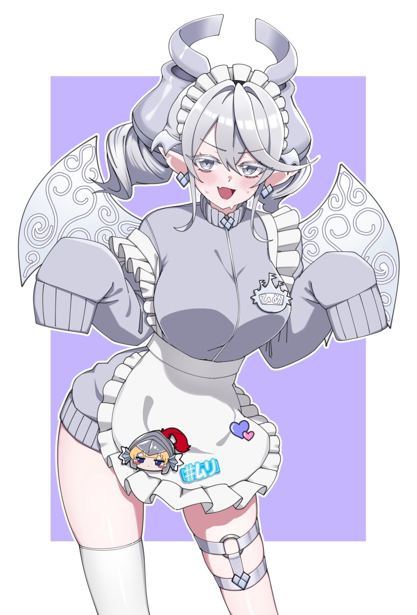 1girl absurdres apron blush breasts chiro_(chirolchoco25) commentary_request cowboy_shot demon_girl demon_horns demon_wings drill_hair duel_monster garter_straps grey_eyes grey_hair grey_jacket highres horns jacket knight_(yu-gi-oh!) large_breasts lovely_labrynth_of_the_silver_castle o-ring pointy_ears sleeves_past_wrists slit_pupils solo sweat thighhighs track_jacket twin_drills white_thighhighs white_wings wings yu-gi-oh!