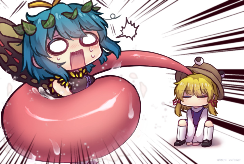 2girls =_= ^^^ antennae arm_support arms_between_legs artist_name between_legs black_dress black_footwear blonde_hair blue_hair blush brown_headwear butterfly_wings chibi closed_eyes dress emphasis_lines eternity_larva hair_ornament hair_ribbon hand_between_legs hat holding_person insect_wings kneehighs leaf leaf_hair_ornament leaf_on_head long_sleeves long_tongue medium_hair moriya_suwako multiple_girls no_mouth o_o open_mouth purple_vest pyonta red_ribbon ribbon saliva scared shirt short_hair sidelocks simple_background sleeveless sleeveless_dress socks squatting surprised sweatdrop tongue tongue_hold touhou tress_ribbon turtleneck twitter_username unime_seaflower very_long_tongue vest wavy_mouth white_background white_legwear white_shirt wide-eyed wide_sleeves wings