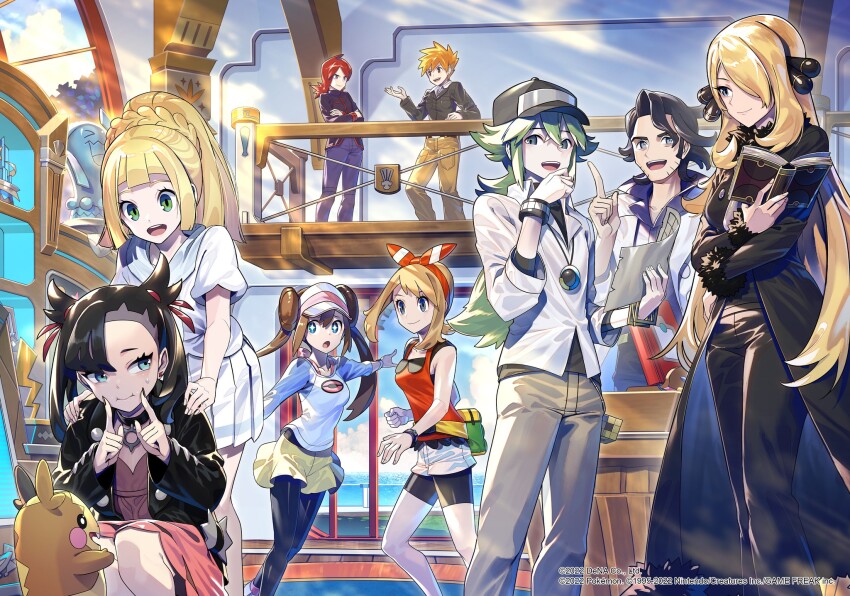4boys 5girls professor_sycamore black_hair black_nails blonde_hair blue_oak book brown_hair collared_jacket crossed_arms cynthia_(pokemon) double_bun fingersmile gen_2_pokemon gen_8_pokemon green_hair hair_bun hands_on_another&#039;s_shoulders highres holding holding_book jacket lillie_(pokemon) marnie_(pokemon) may_(pokemon) morpeko morpeko_(full) multiple_boys multiple_girls n_(pokemon) nintendo official_art pantyhose pointing pokemon pokemon_(creature) pokemon_bw pokemon_bw2 pokemon_dppt pokemon_hgss pokemon_masters_ex pokemon_sm pokemon_swsh pokemon_xy red_hair rosa_(pokemon) shirt silver_(pokemon) sleeveless sleeveless_shirt smile squatting statue third-party_source wobbuffet zounose