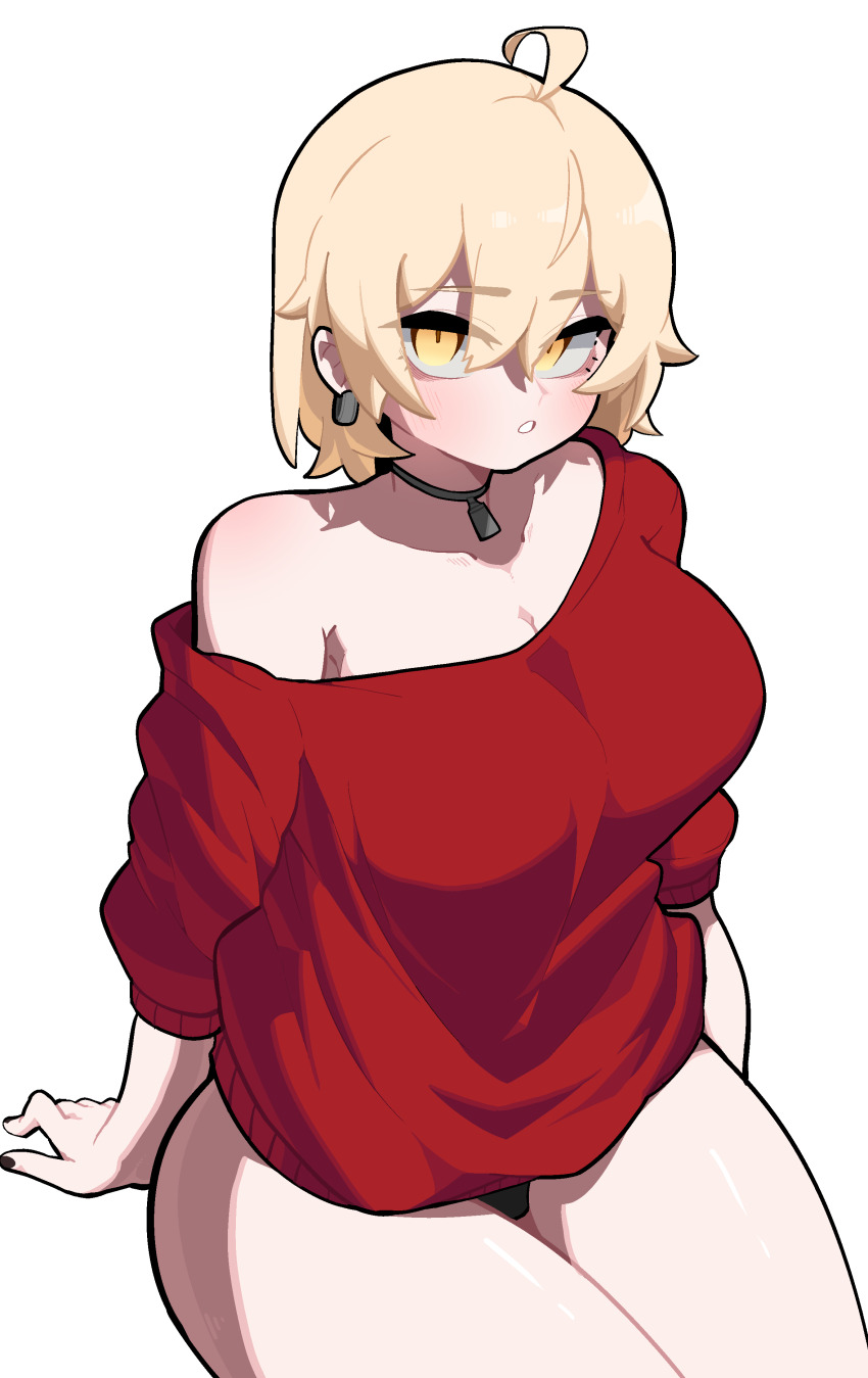 1girl absurdres ahoge bags_under_eyes black_nails black_panties blonde_hair borrowed_character breasts choker chris_(ginseng) collarbone hair_between_eyes highres large_breasts looking_at_viewer min_lona original panties red_sweater short_hair simple_background single_bare_shoulder solo sweater thick_thighs thighs underwear wide_hips yellow_eyes
