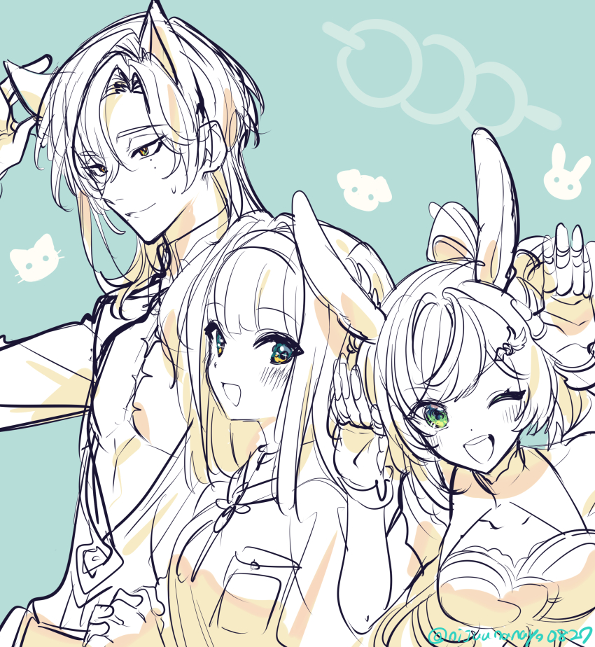 1boy 2girls :d ;d absurdres animal_ears arm_up arms_up blue_background blush bow breasts closed_mouth fingerless_gloves gloves hair_bow hair_over_one_eye hairband highres jacket kemonomimi_mode medium_breasts milan_kestrel mitarashi-dan multiple_girls nijisanji ninahachi one_eye_closed open_mouth shioriha_ruri simple_background sketch small_sweatdrop smile sweat tachitsute_toto teeth twitter_username upper_body upper_teeth_only virtual_youtuber