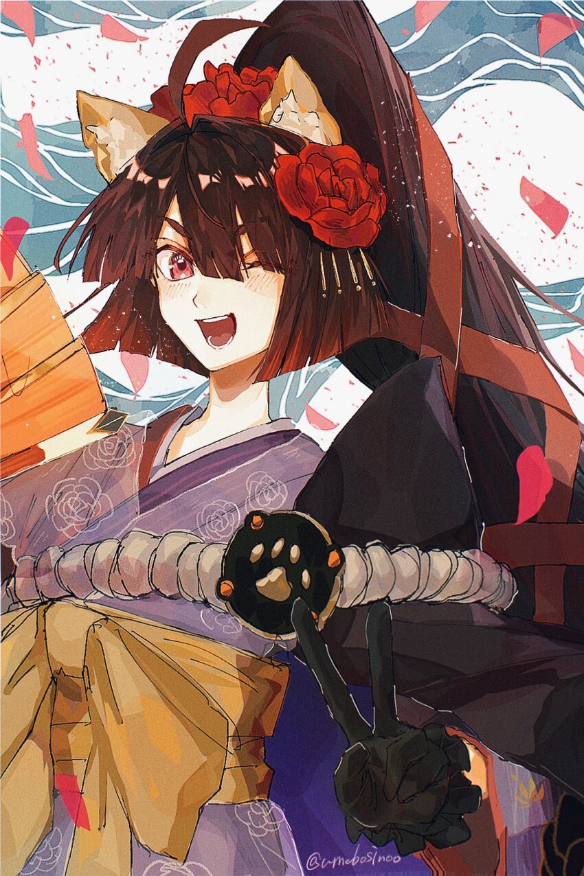1girl ahoge animal_ears black_gloves brown_hair dog_ears fate/grand_order fate_(series) flower gloves hair_flower hair_ornament highres japanese_clothes kimono kyokutei_bakin_(fate) long_hair one_eye_closed ponytail red_eyes umeboitarou v