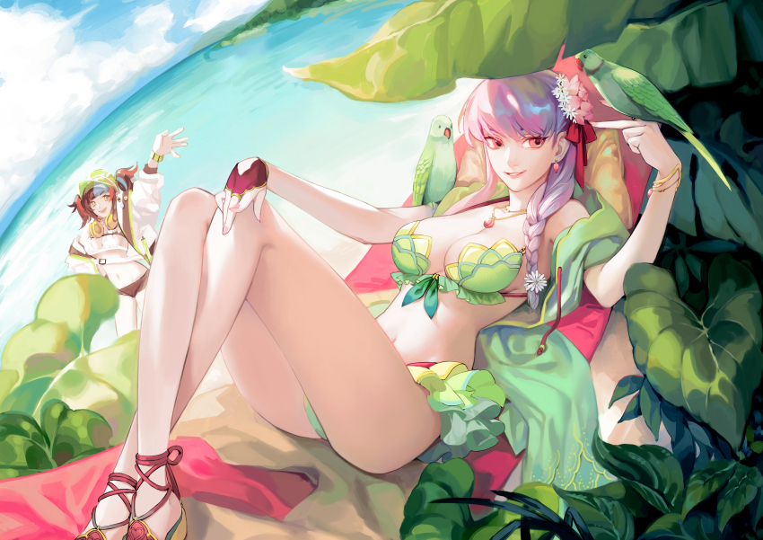 2girls absurdres animal_on_arm arm_up badge bare_legs beach bikini bird bird_on_arm bird_on_hand black_hair black_shorts bracelet braid braided_ponytail bridal_gauntlets button_badge commentary day earrings english_commentary fate/grand_order fate_(series) feet_out_of_frame fisheye flower green_bikini green_jacket grey_hair hair_flower hair_ornament hair_over_shoulder hair_ribbon hand_on_own_knee hand_up headphones headphones_around_neck highres hood hooded_jacket horizon itsukann jacket jewelry kama_(fate) kama_(swimsuit_avenger)_(second_ascension)_(fate) knees_up leaf long_hair long_sleeves looking_at_viewer lotus lying multicolored_hair multiple_girls nail_polish navel ocean off_shoulder on_back open_clothes open_jacket open_mouth outdoors parakeet parted_lips pendant pillow pink_flower pink_nails red_eyes red_ribbon ribbon sandals sei_shounagon_(fate) sei_shounagon_(swimsuit_berserker)_(first_ascension)_(fate) short_hair short_twintails shorts single_braid single_bridal_gauntlet sleeveless sleeveless_jacket smile standing streaked_hair swimsuit teeth twintails visor_cap watch water waving white_bikini white_flower white_jacket wristwatch yellow_eyes