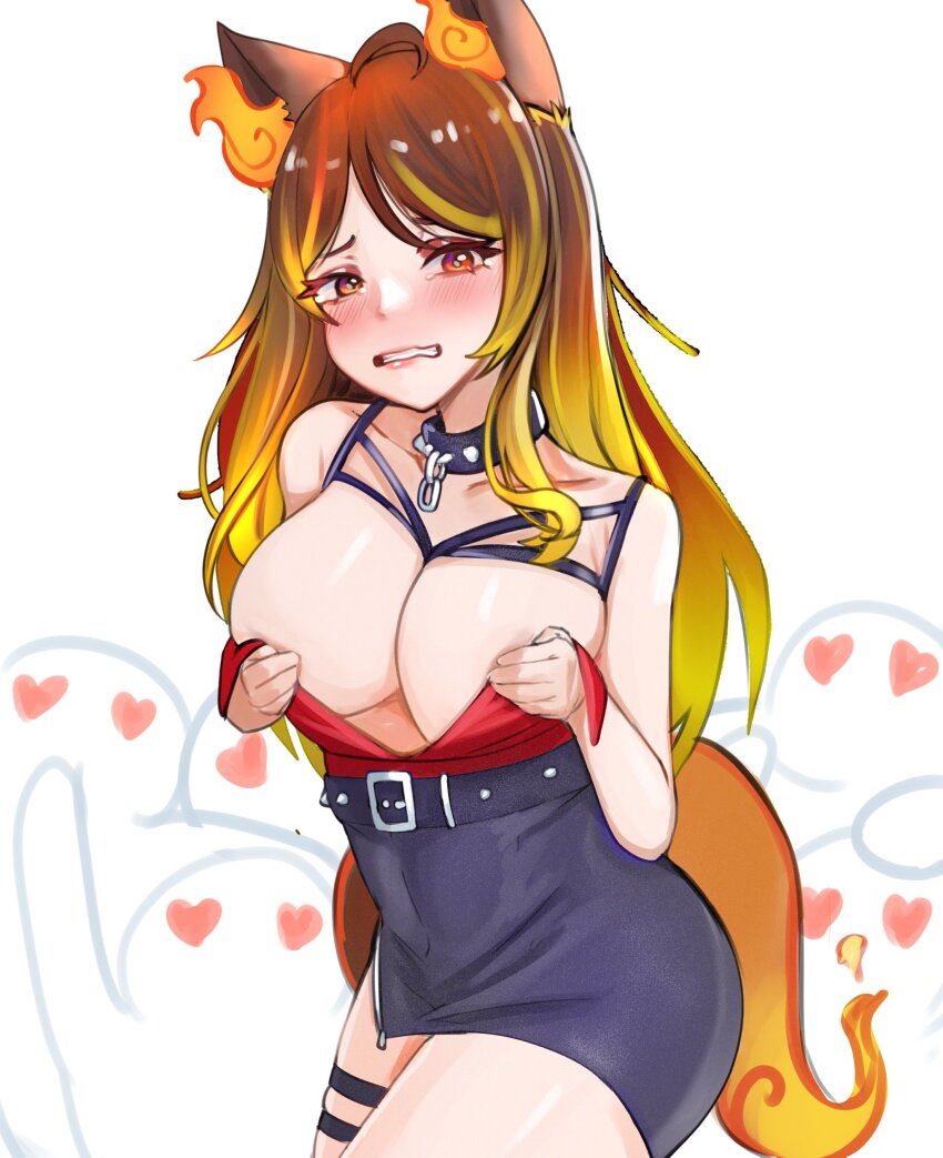 1girl absurdres animal_ears bare_shoulders black_skirt blush breast_hold breasts chest_harness choker crowd embarrassed fire flame-tipped_tail harness highres jewelry large_breasts partially_unzipped red_shirt reveal shirt sinder_(vtuber) skirt solo spiked_choker spikes tail tearing_up thigh_strap virtual_youtuber wardrobe_malfunction wolf_ears wolf_girl wolf_tail