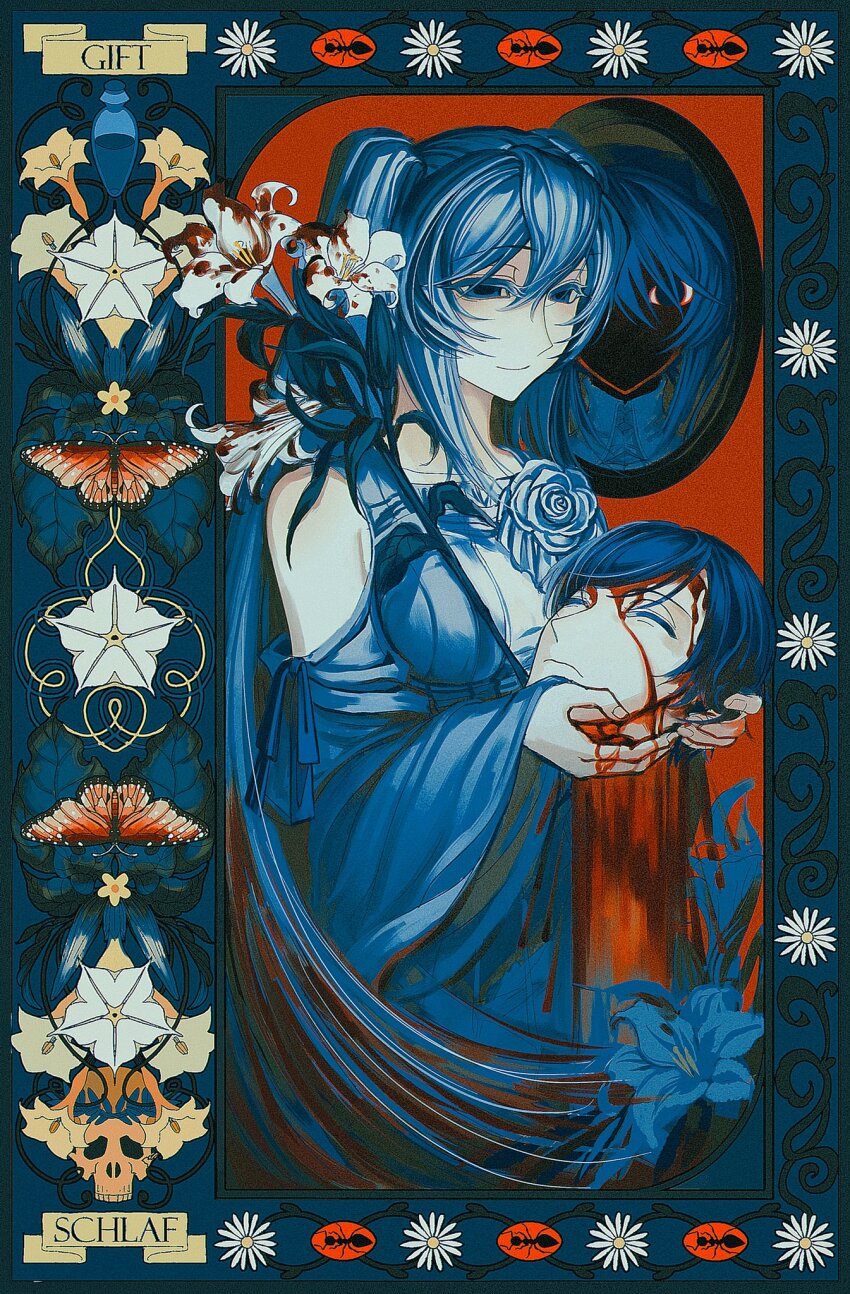 ant bare_shoulders bleeding blood blood_from_forehead blood_on_face blood_on_flower blue_dress blue_hair blue_theme bug butterfly clockworker&#039;s_doll clothing_cutout collarbone colored_eyelashes daisy decapitation dress dress_flower dress_ribbon dual_persona empty_eyes eve_moonlit evillious_nendaiki eyed_silhouette false_smile floral_border flower german_text hair_between_eyes hatsune_miku highres holding holding_detached_head holding_flower husband_and_wife insect kaito_(vocaloid) kaspar_blankenheim lily_(flower) long_hair margarita_blankenheim mirror mui4ioqaak9436 murder nemurase_hime_kara_no_okurimono_(vocaloid) pale_skin poison reincarnation rose shoulder_cutout sidelocks silhouette skull smile symbolism twintails very_long_hair vocaloid white_flower white_rose wide_sleeves