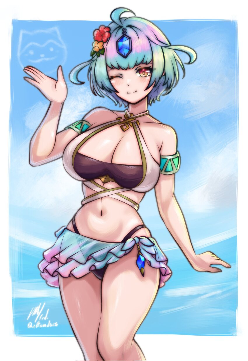 1girl ;) arm_up bikini black_bikini bob_cut breasts cleavage fire_emblem fire_emblem_heroes halterneck highres looking_at_viewer multicolored_hair navel nintendo official_alternate_costume one_eye_closed rotomdocs seidr_(fire_emblem) seidr_(summer)_(fire_emblem) short_hair smile solo swimsuit waving white_bikini yellow_eyes