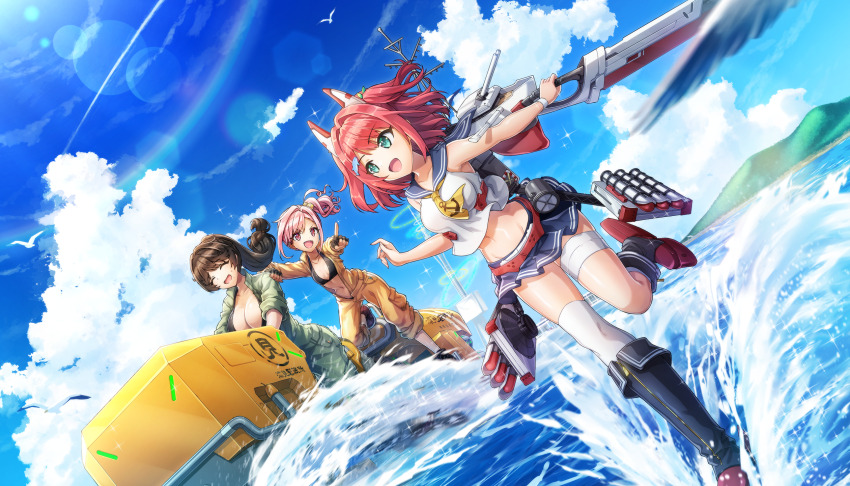 3girls anchor_symbol ascot asymmetrical_legwear ayanami_(azur_lane) ayanami_(azur_lane)_(cosplay) azur_lane bandage_on_thigh bikini black_bikini blue_sailor_collar blue_skirt blue_sky breasts brown_hair cleavage closed_eyes cloud cosplay crop_top cross dolphin_wave fingerless_gloves game_cg gloves green_eyes green_jumpsuit hair_ornament hairclip headgear highres holding holding_sword holding_weapon iron_cross jet_ski jumpsuit large_breasts long_hair long_sleeves looking_at_another medium_breasts midriff miniskirt mole mole_on_breast mole_under_mouth multiple_girls navel neckerchief non-web_source official_art ootomo_takuji open_clothes open_jumpsuit pants pants_rolled_up pink_eyes pink_hair pleated_skirt pointing pointing_at_another ponytail red_hair sailor_collar sakimiya_kohari school_uniform shirt short_hair side_ponytail skirt sky sleeveless sleeveless_shirt small_breasts socks swept_bangs swimsuit sword thighhighs torpedo urami_kana watercraft weapon white_thighhighs yamaba_yume yellow_ascot yellow_jumpsuit yellow_neckerchief