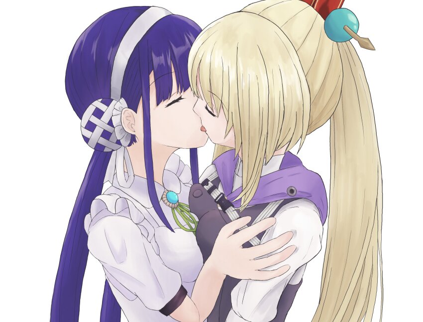 2girls blonde_hair blue_hair breast_press bun_cover chest_harness double_bun green_ribbon hair_bun hair_ornament hair_stick harness heaven_burns_red high_ponytail highres kaki. kanzaki_adelheid kiss long_hair multiple_girls ponytail puffy_short_sleeves puffy_sleeves ribbon satsuki_mari short_sleeves twintails very_long_hair yuri