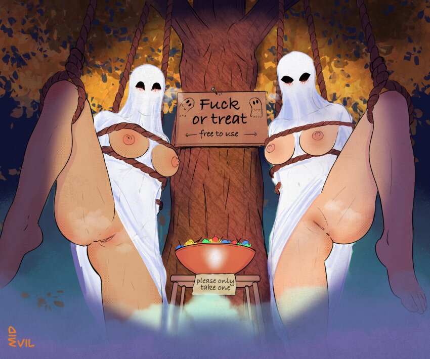 2girls artist_name bdsm blush bondage bottomless bound bowl breastless_ghost_costume breasts breasts_out candy english_text food ghost_costume halloween halloween_costume highres leg_up looking_at_viewer midevil multiple_girls nipples original presenting_pussy pussy restrained rope sign tree