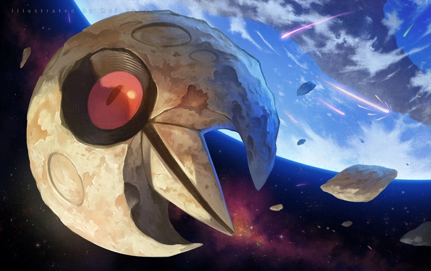 artist_name black_sclera cloud colored_sclera commentary creatures_(company) crescent earth_(planet) floating full_body game_freak gen_3_pokemon in_orbit lunatone mei_ford meteor nintendo no_humans planet pokemon pokemon_(creature) rock space star_(sky) watermark